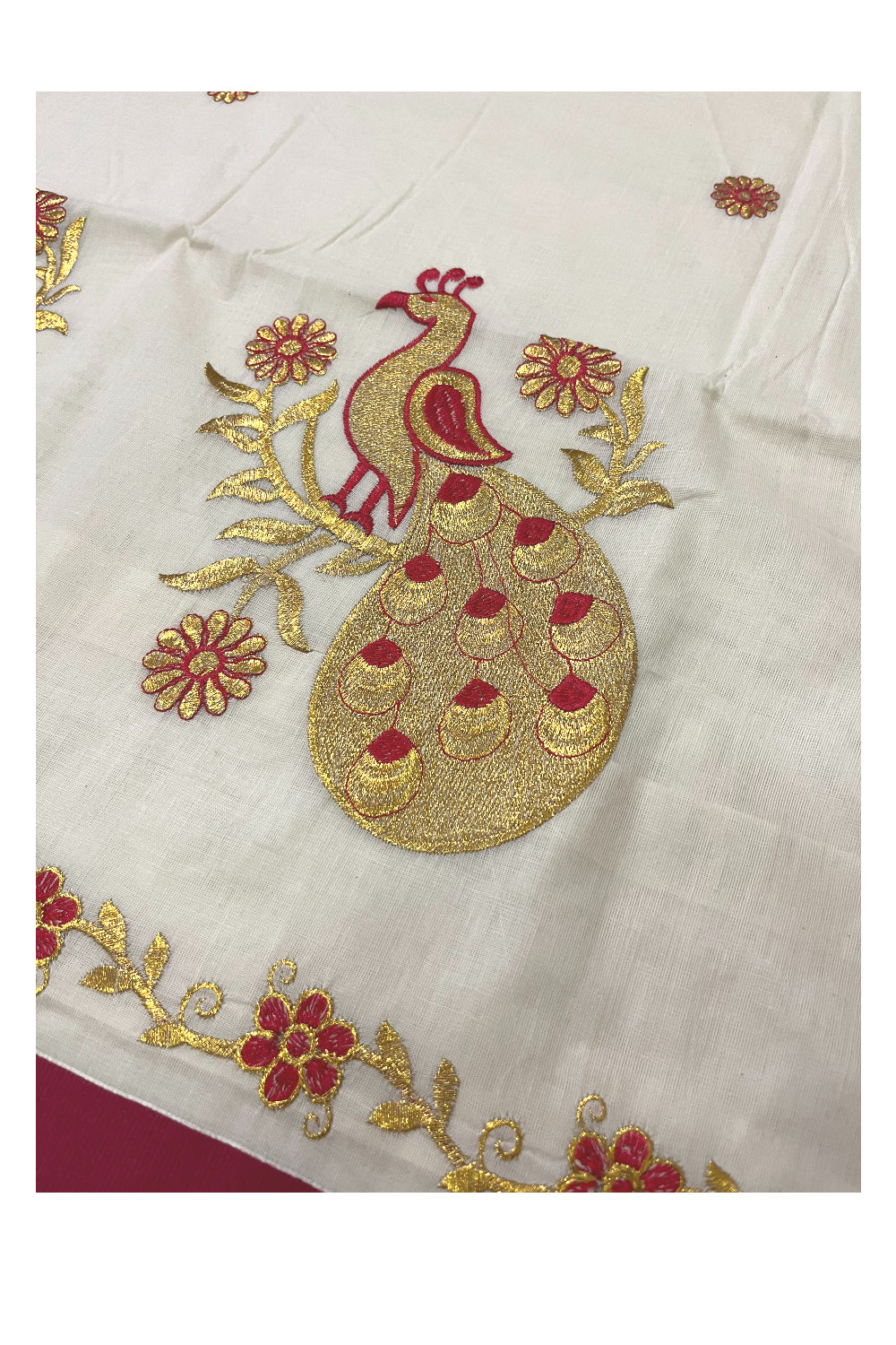 Pure Cotton Kerala Saree with Peacock Embroidery Work and Red Border (Onam Saree 2023)