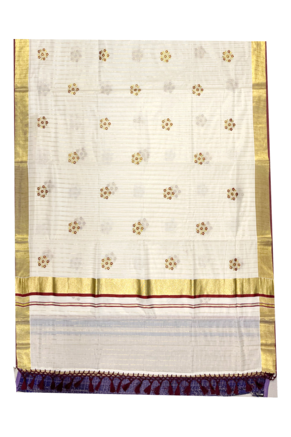 Kerala Cotton Kasavu Lines Saree with Maroon and Golden Floral Embroidery Work