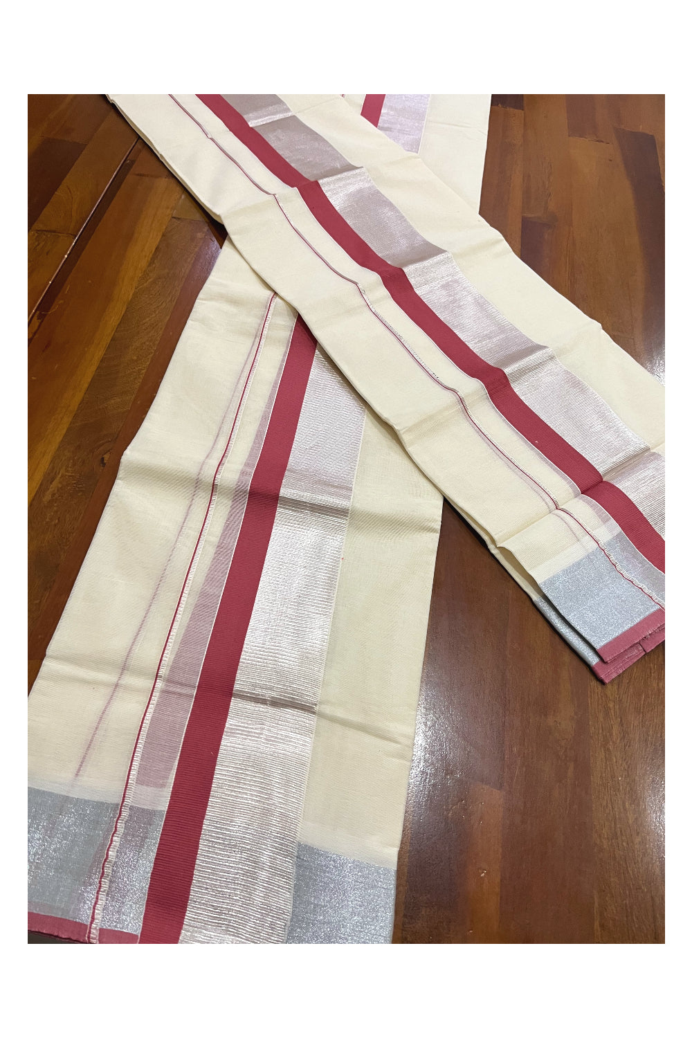 Cotton Set Mundu (Mundum Neriyathum) with Brick Red and Silver Kasavu Border 2.80 Mtrs