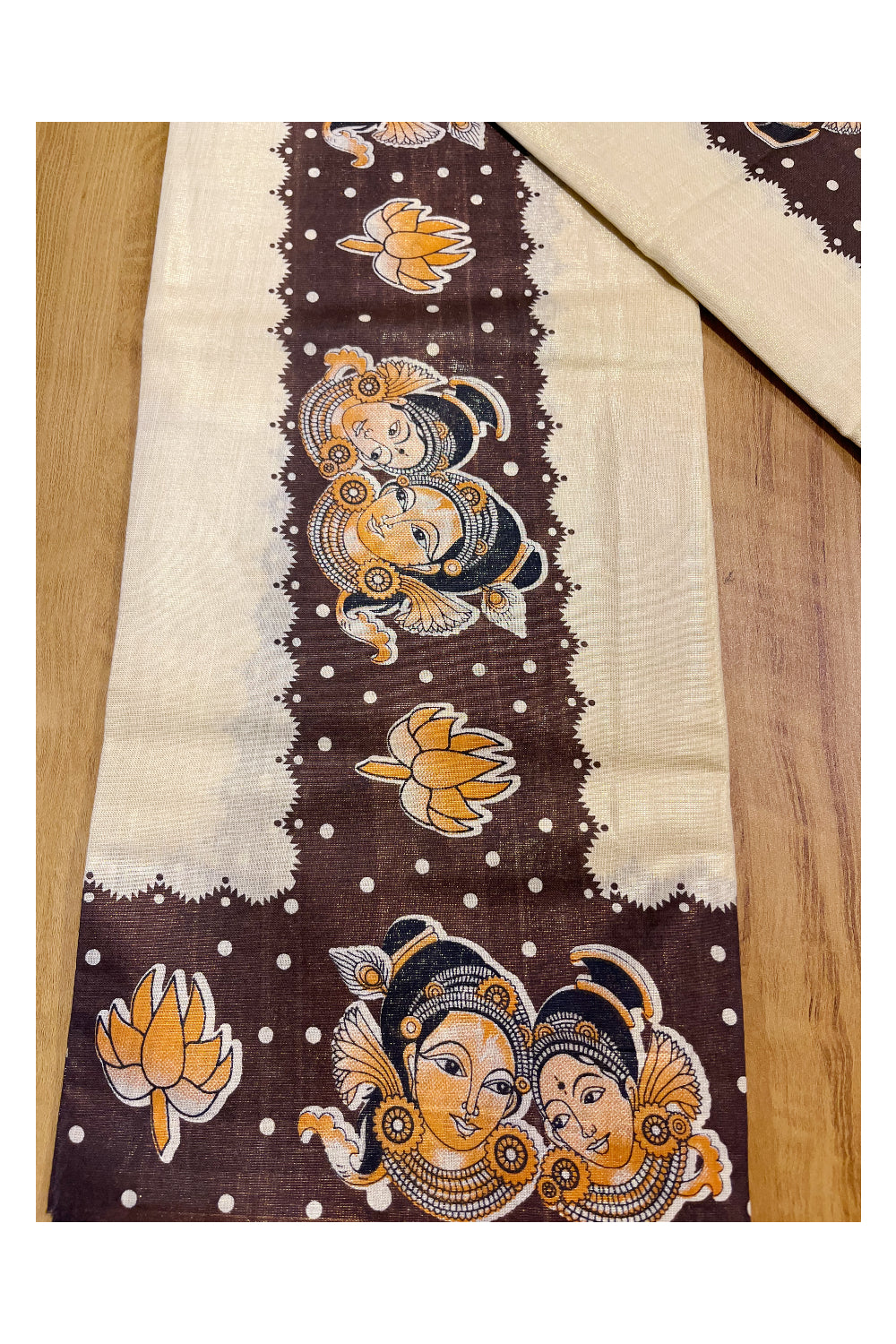 Kerala Tissue Single Set Mundu (Mundum Neriyathum) with Mural Prints on Brown Border And Matching Blouse Piece (2.80 Mtrs)