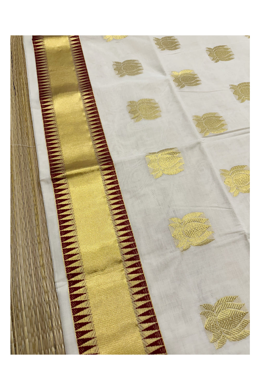 Southloom™ Premium Handloom Cotton Kasavu Saree with Handwoven Lotus and Red Temple Work On Border