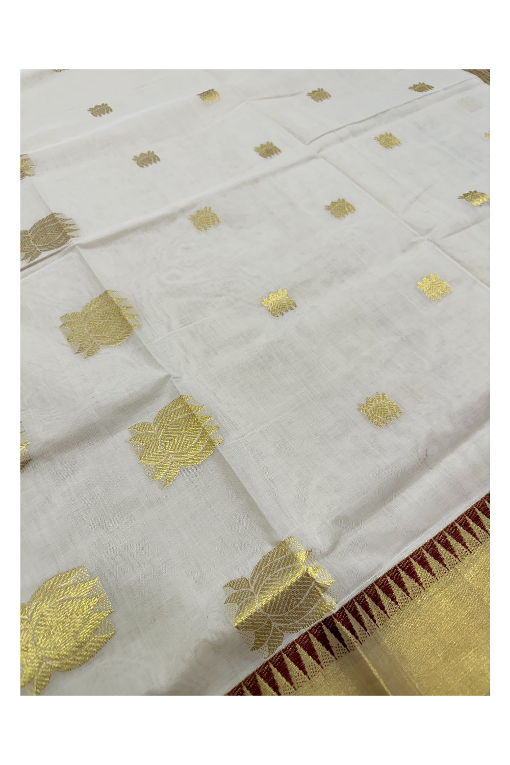 Southloom™ Premium Handloom Cotton Kasavu Saree with Handwoven Lotus and Red Temple Work On Border