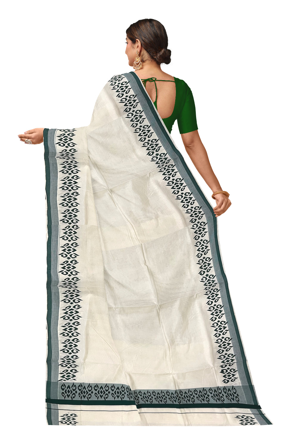 Kerala Cotton Saree with Dark Green Block Printed Border