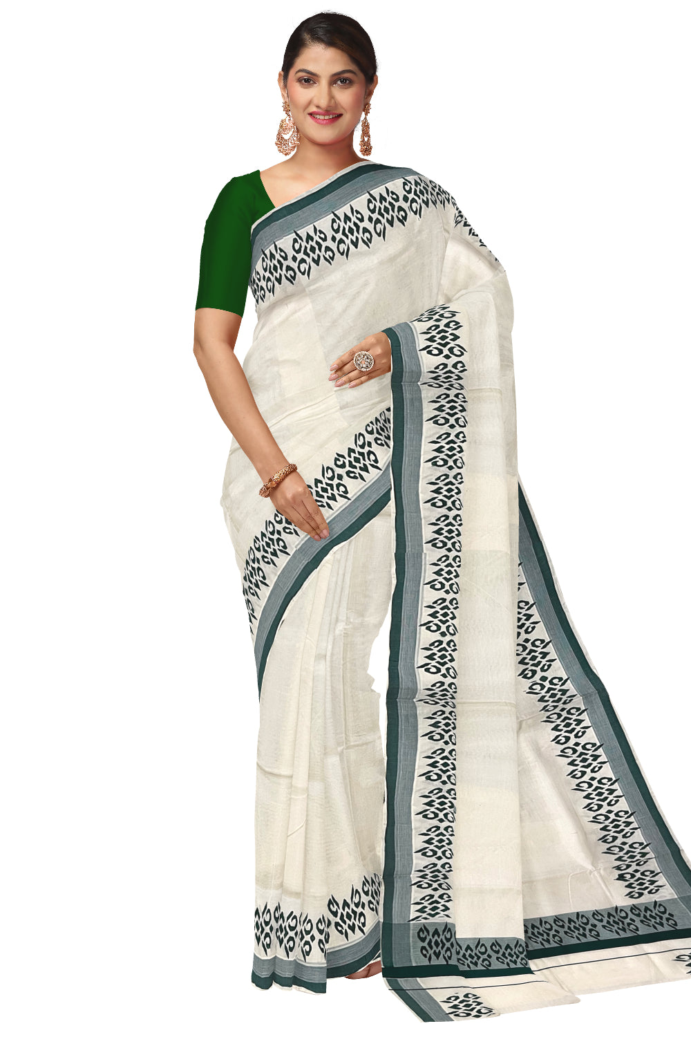 Kerala Cotton Saree with Dark Green Block Printed Border