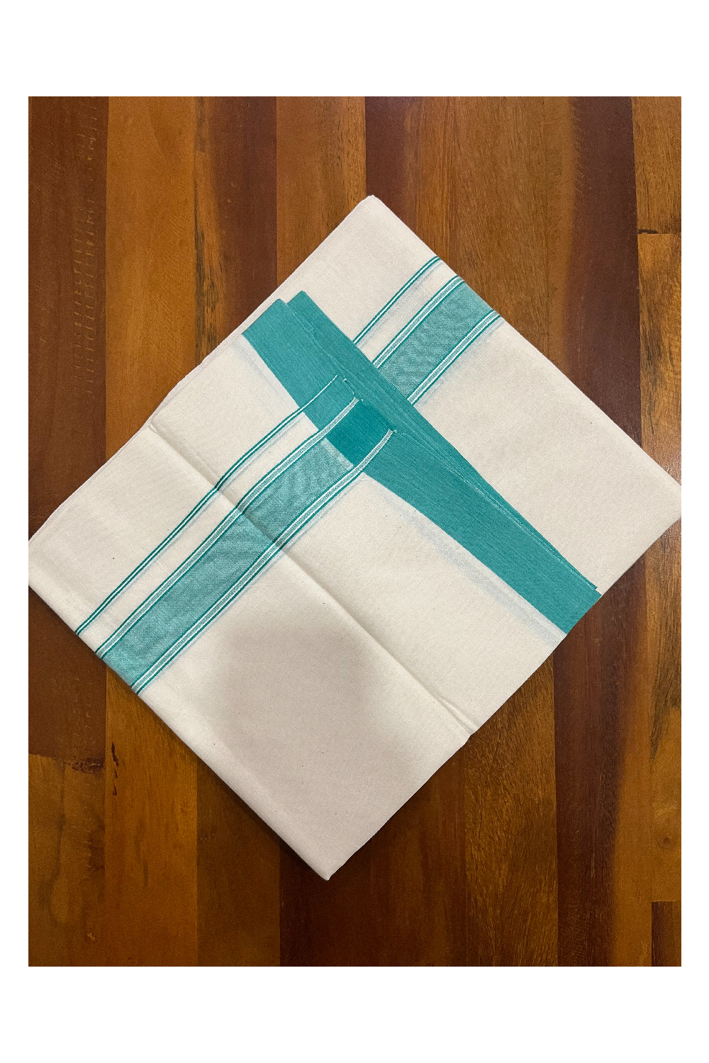 Pure Cotton Kerala Double Mundu with Turquoise Kara (South Indian Kerala Dhoti)