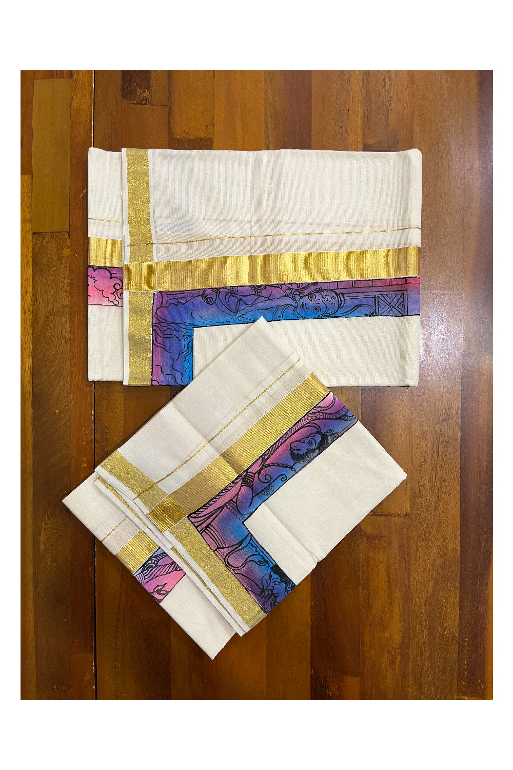 Southloom Handloom Premium Kerala Cotton Single Set Mundu (Mundum Neriyathum) with Hand Painted Designs with Kasavu Border - 2.80Mtrs