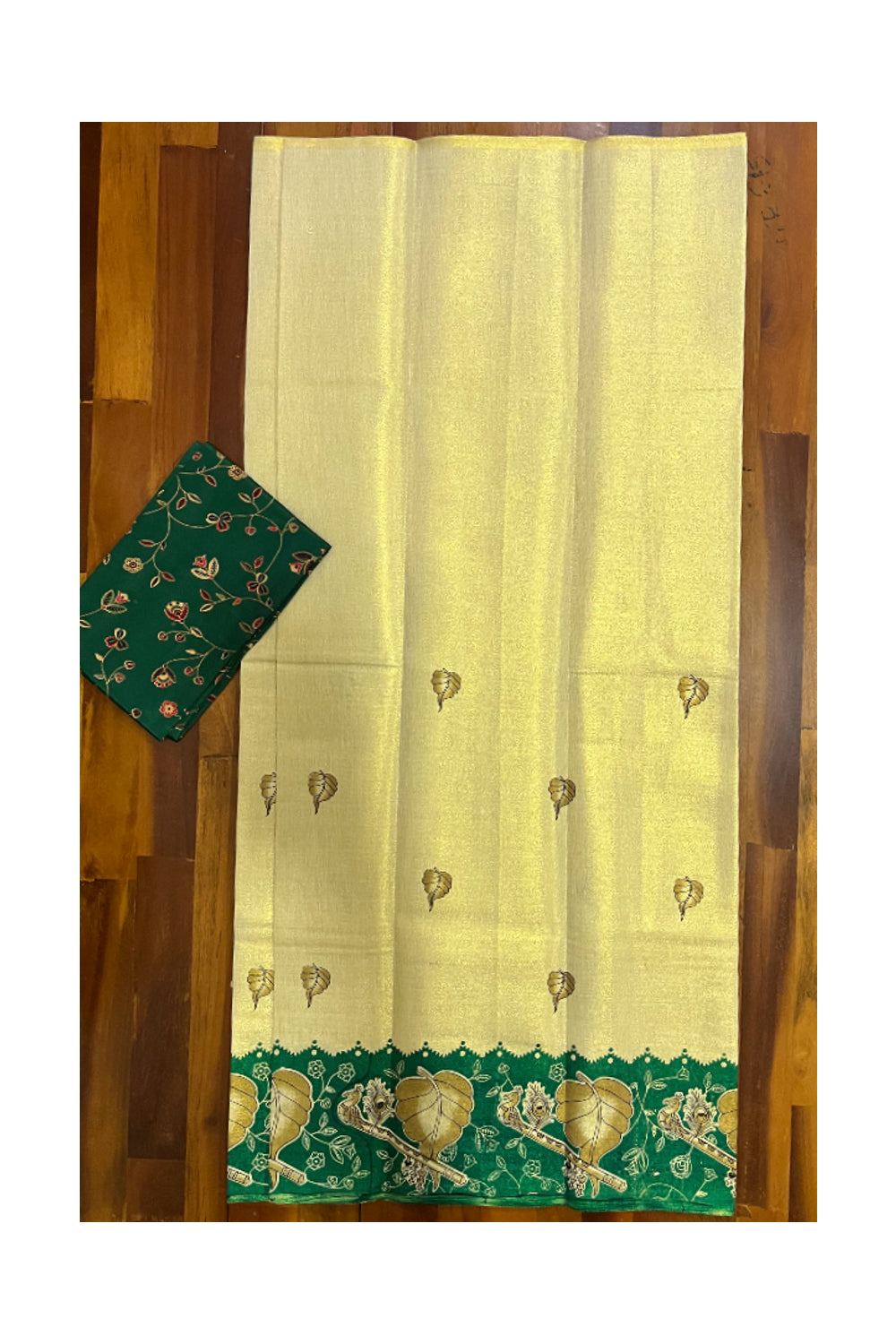 Kerala Tissue Block Printed Pavada and Green Designer Blouse Material for Kids/Girls 4.3 Meters