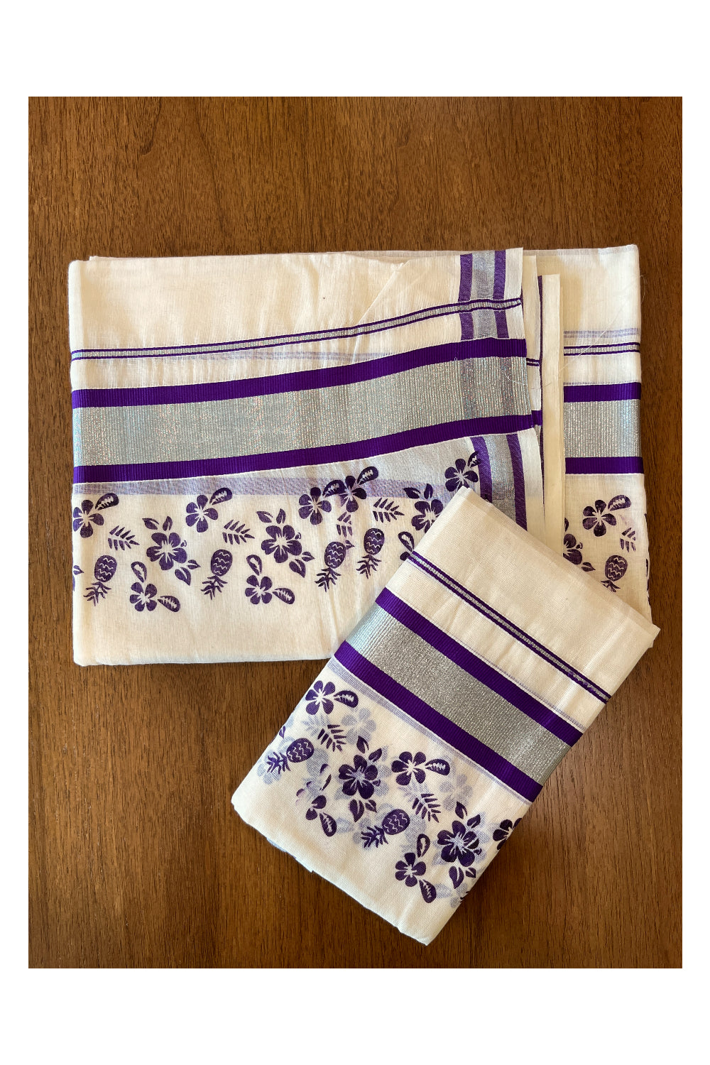 Pure Cotton Single Set Mundu (Mundum Neriyathum) with Silver Kasavu and Violet Floral Block Prints