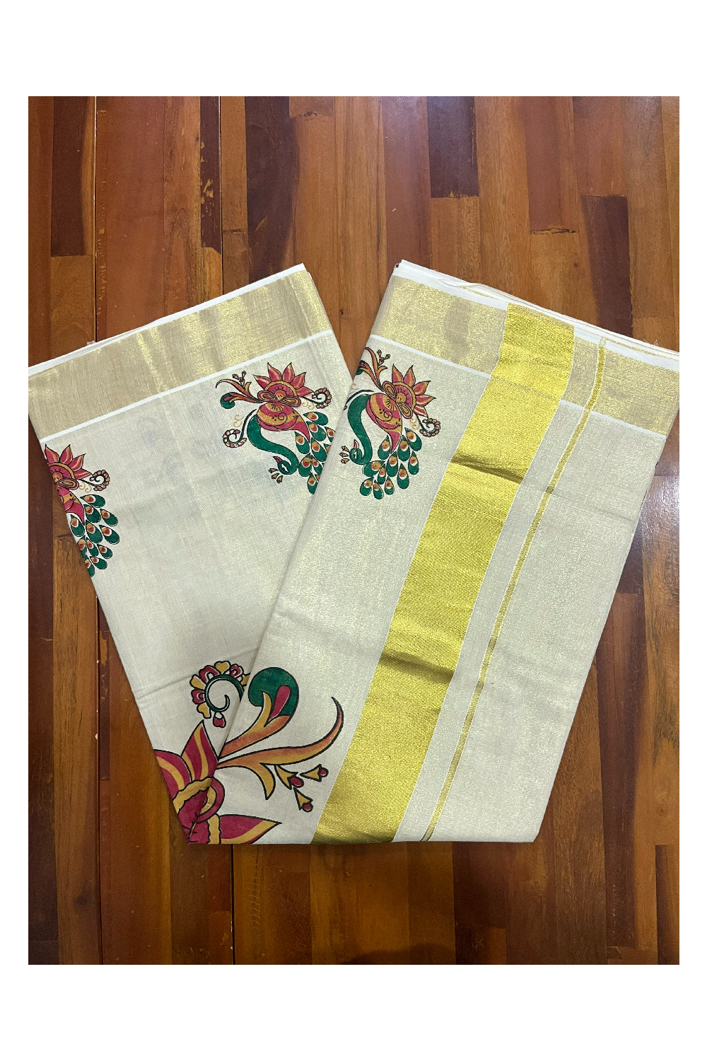 Kerala Tissue Kasavu Onam 2023 Saree With Peacock Mural Design