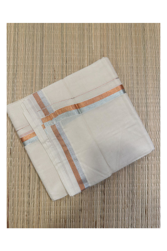 Off White Kerala Double Mundu with Silver and Copper Kasavu Kara (South Indian Kerala Dhoti)