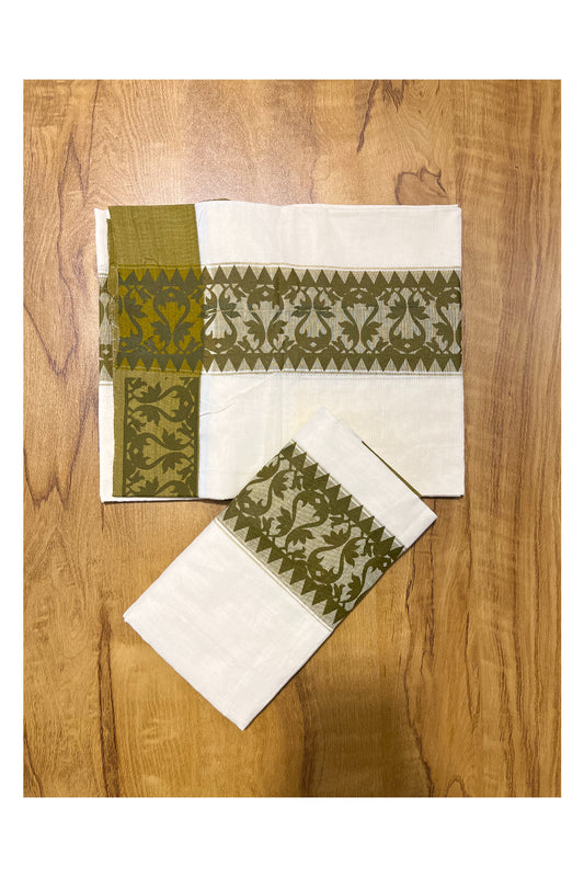 Kerala Cotton Single Set Mundu (Mundum Neriyathum) with Green Temple Block printed Border