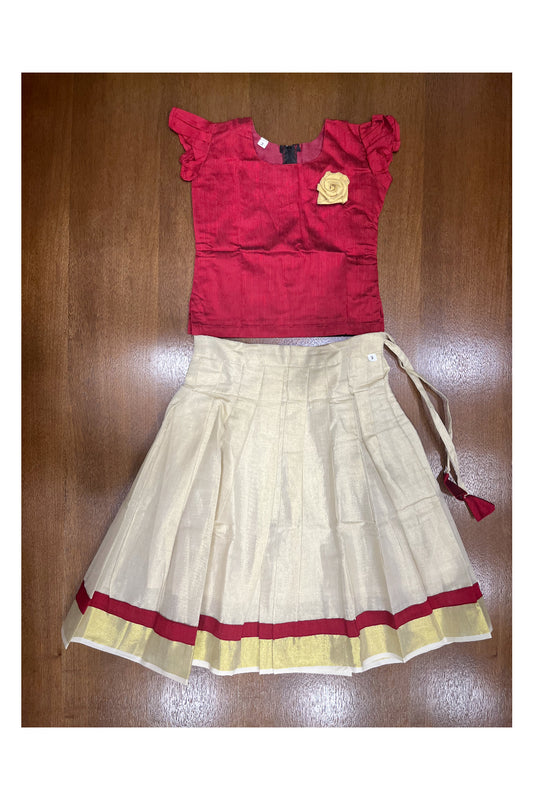 Southloom Kerala Red Pattupavada and Blouse with Flower Design (Age 1- 5)