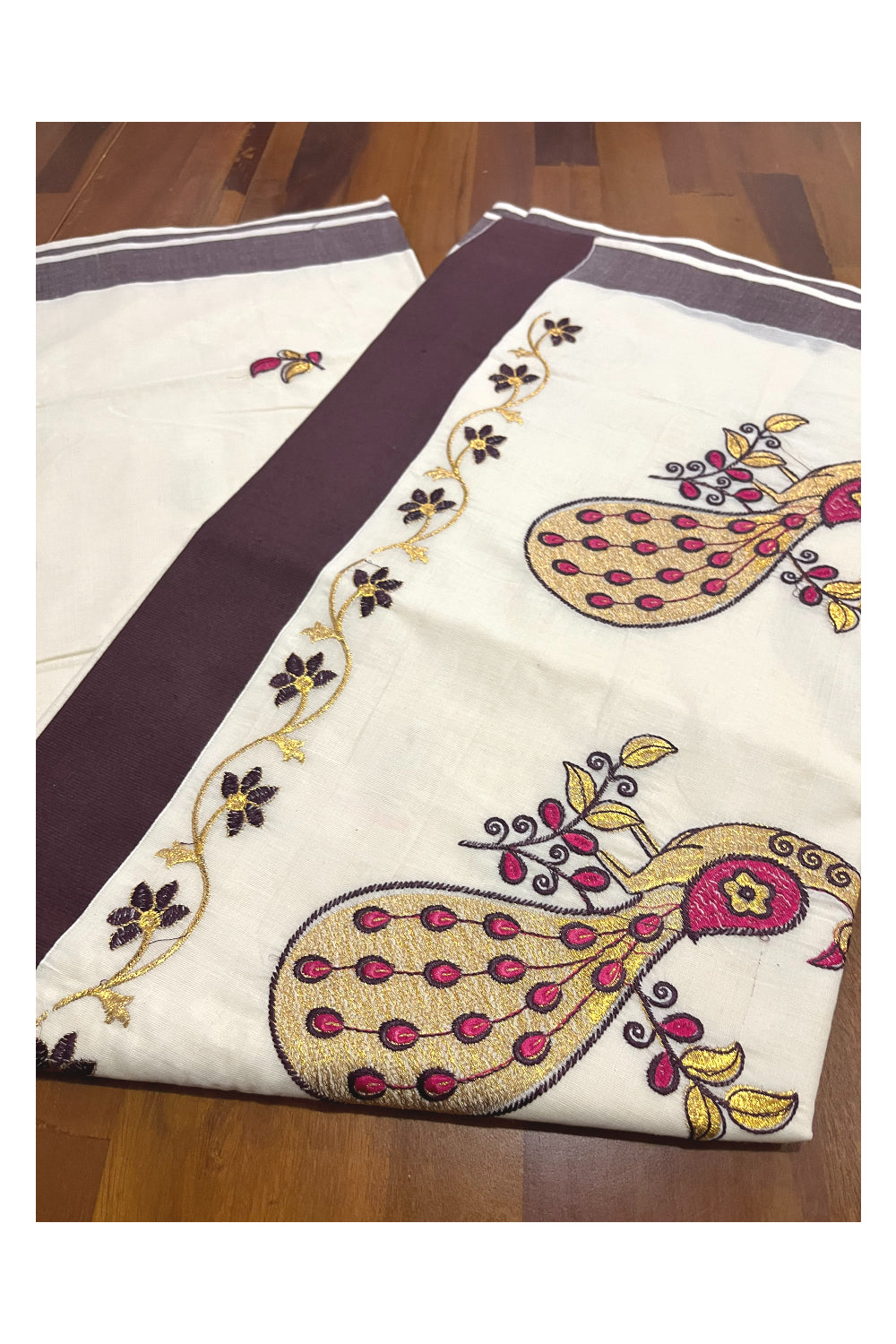 Pure Cotton Kerala Saree with Peacock Embroidery Work and Brown Border (Onam Saree 2023)