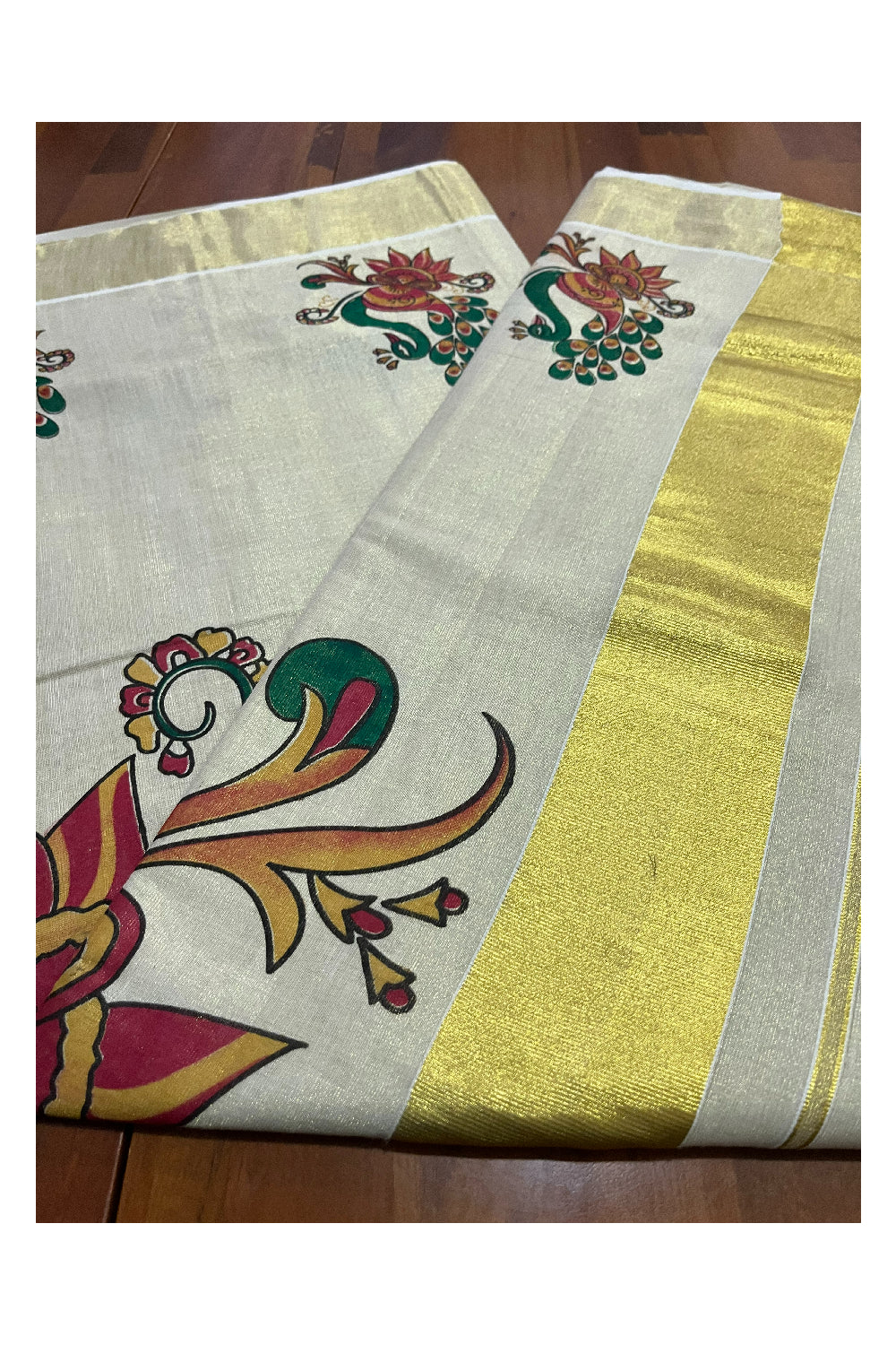 Kerala Tissue Kasavu Onam 2023 Saree With Peacock Mural Design