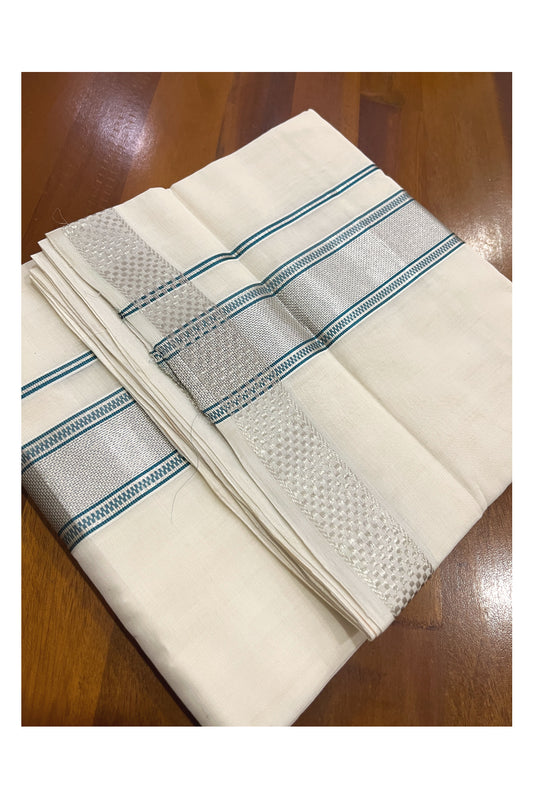 Southloom Premium Handloom Cotton Double Mundu with Green Silver Kasavu Design Border (South Indian Kerala Dhoti)