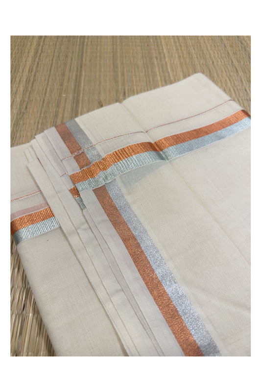 Off White Kerala Double Mundu with Silver and Copper Kasavu Kara (South Indian Kerala Dhoti)