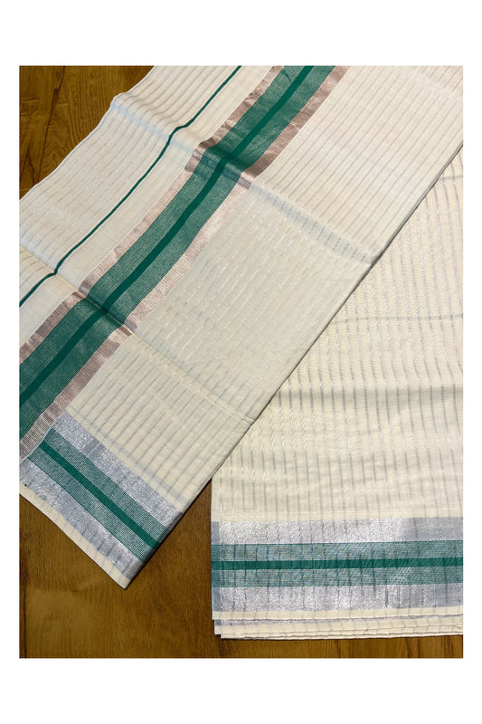 Pure Cotton Kerala Silver Kasavu Lines Saree with 3 inch Green and Silver Border