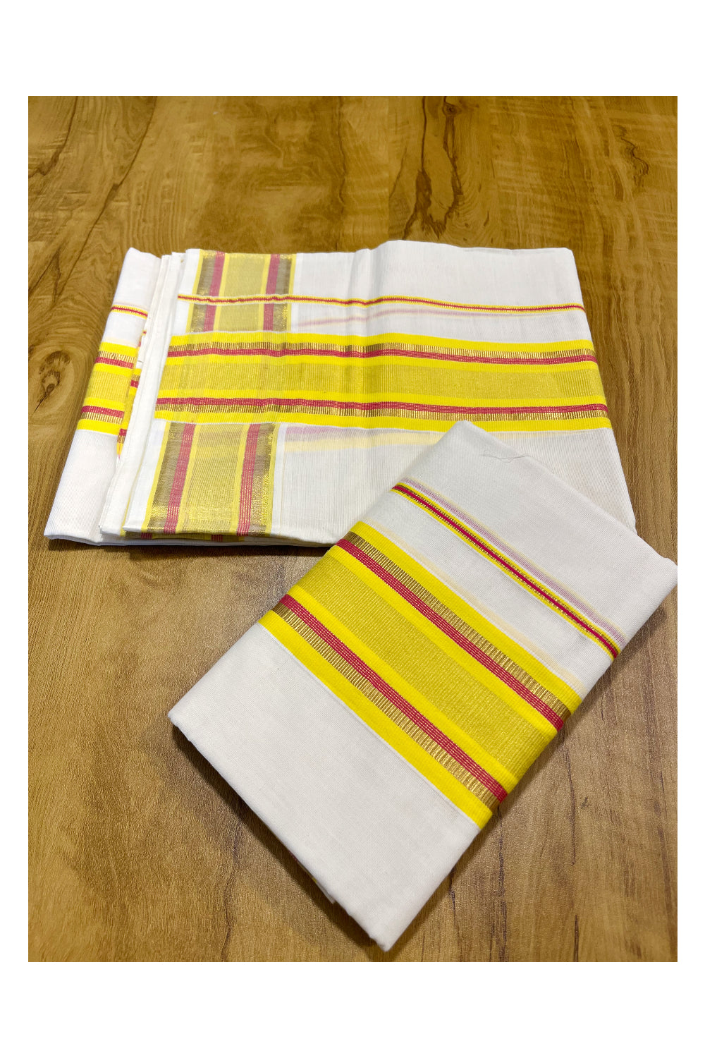 Kerala Pure Cotton Set Mundu Single (Mundum Neriyathum) with Yellow pink and Kasavu Border 2.80 Mtrs