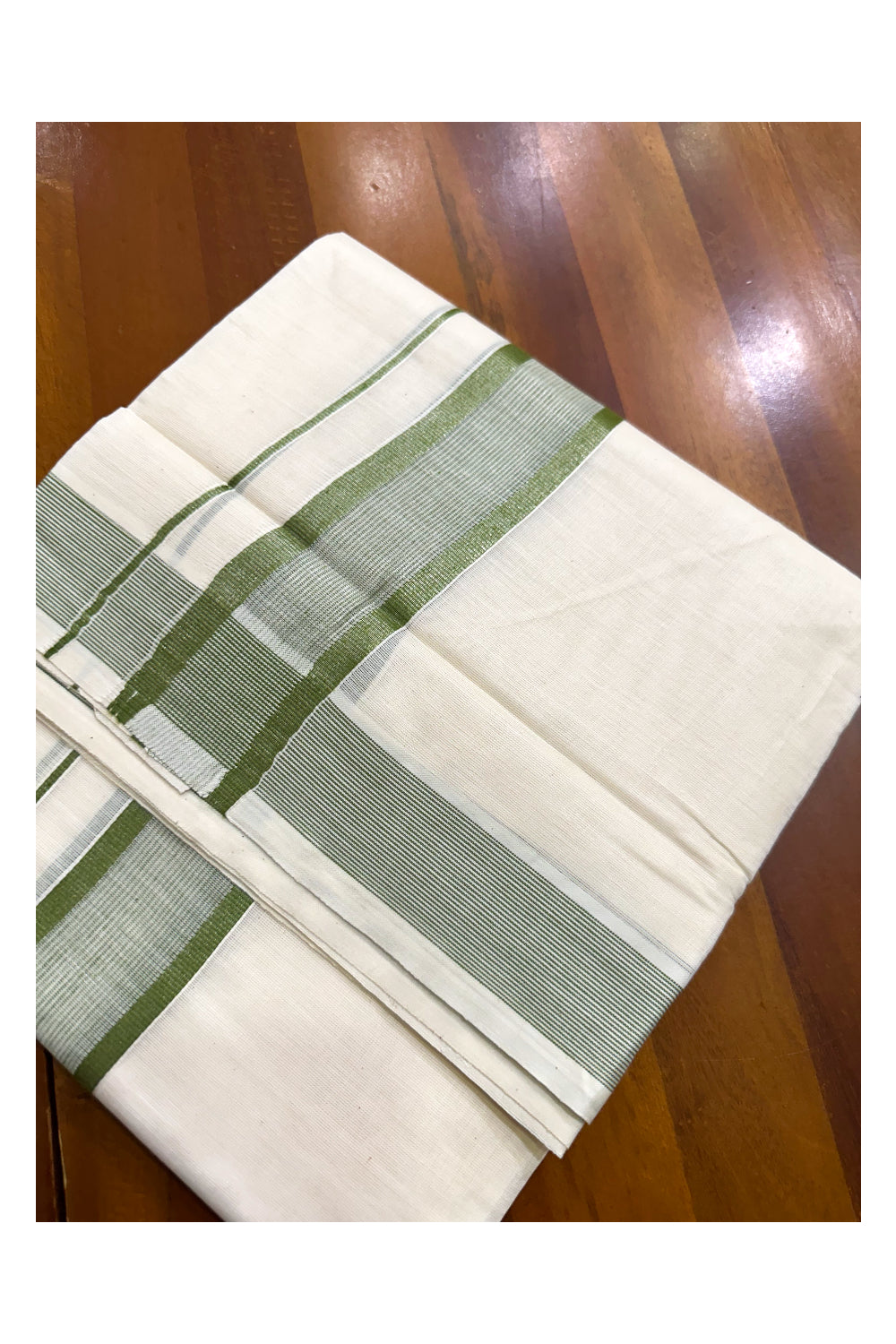 Pure Cotton Off White  Double Mundu with Lines And Maroon Kara (South Indian Kerala Dhoti)