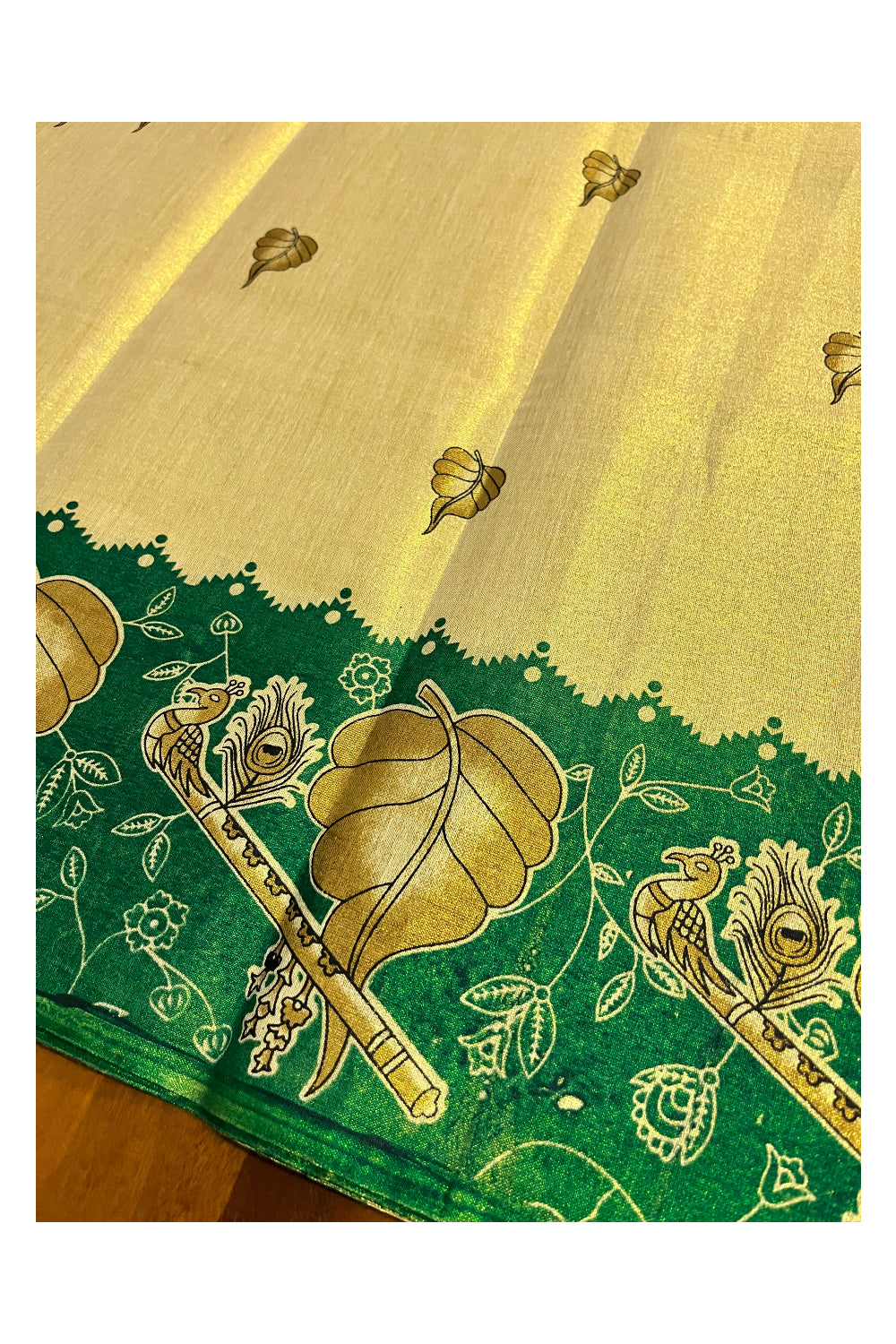 Kerala Tissue Block Printed Pavada and Green Designer Blouse Material for Kids/Girls 4.3 Meters