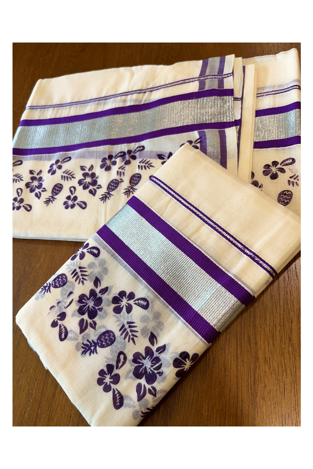 Pure Cotton Single Set Mundu (Mundum Neriyathum) with Silver Kasavu and Violet Floral Block Prints