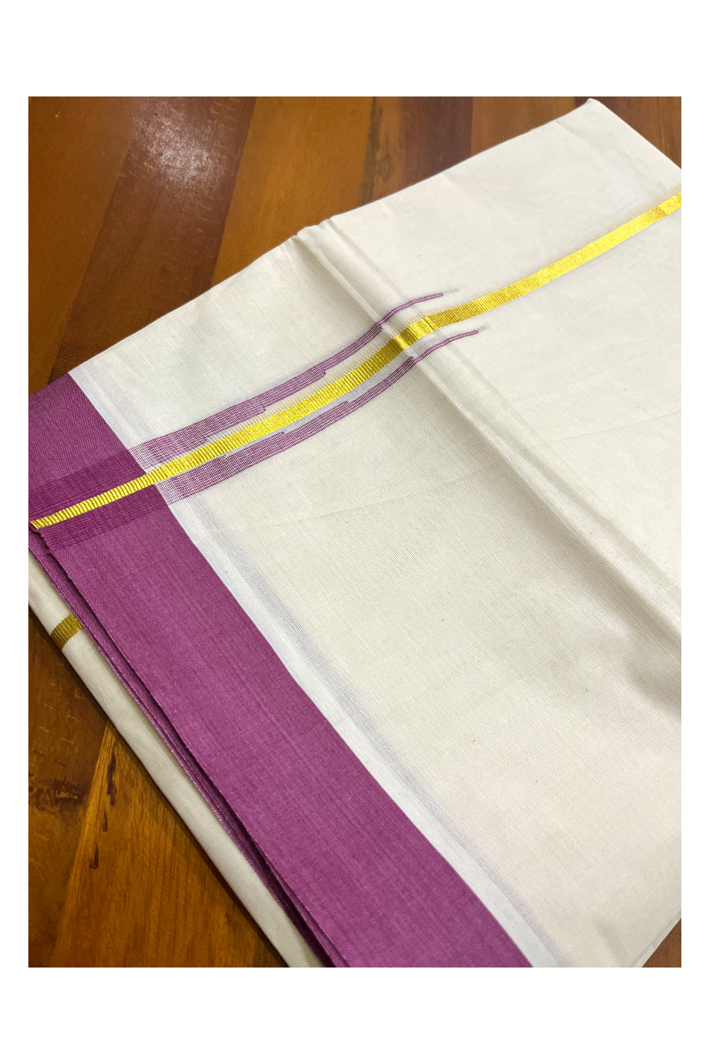 Kerala Pure Cotton Double Mundu with Kasavu Magenta Chutti Kara (South Indian Kerala Dhoti)