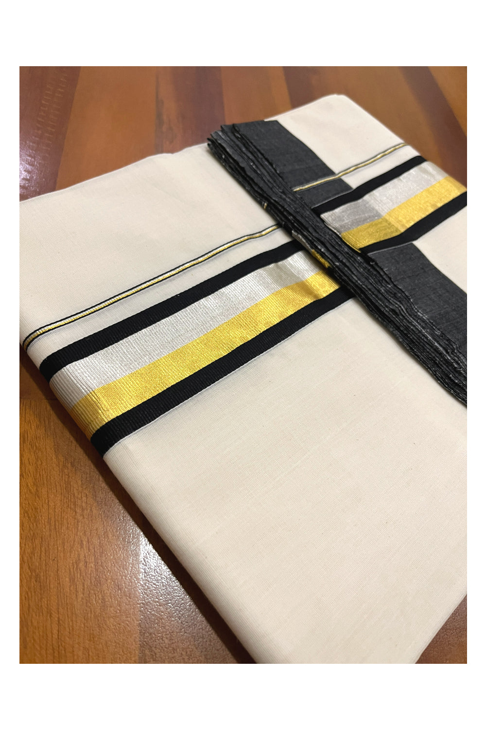 Southloom Premium Balaramapuram Unakkupaavu Handloom Mundu with Black Silver and Golden Kasavu Border (South Indian Kerala Dhoti)