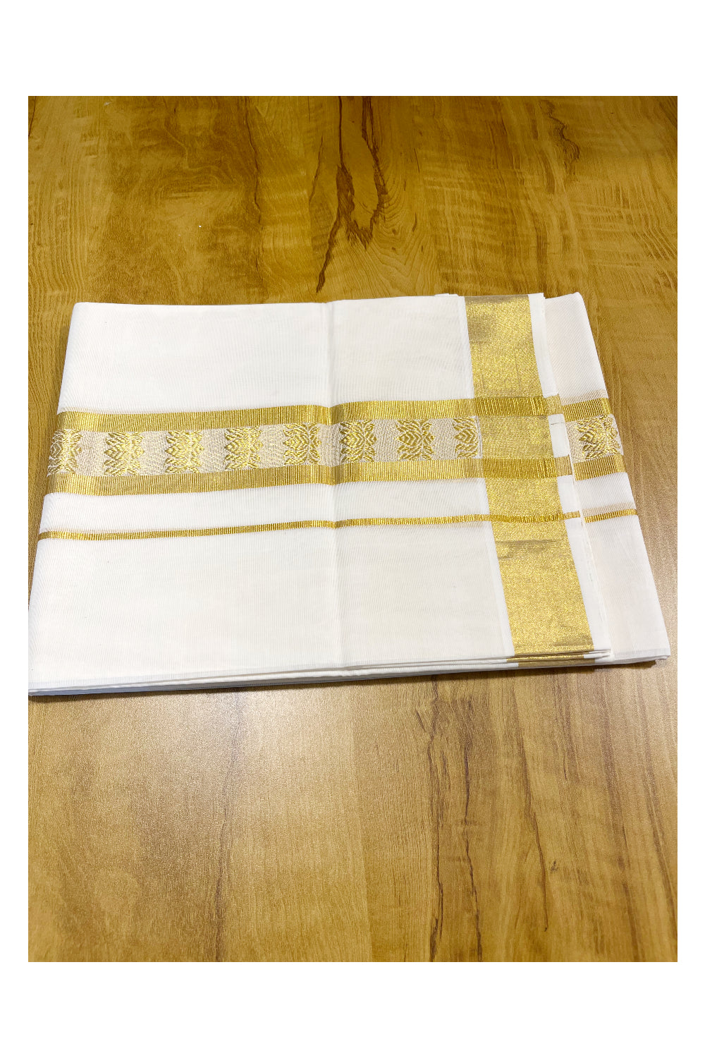 Southloom Balaramapuram Handloom Pure Cotton Wedding Mundu with Kasavu Lotus Woven Kara (South Indian Dhoti)