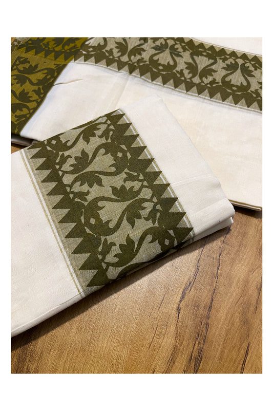 Kerala Cotton Single Set Mundu (Mundum Neriyathum) with Green Temple Block printed Border