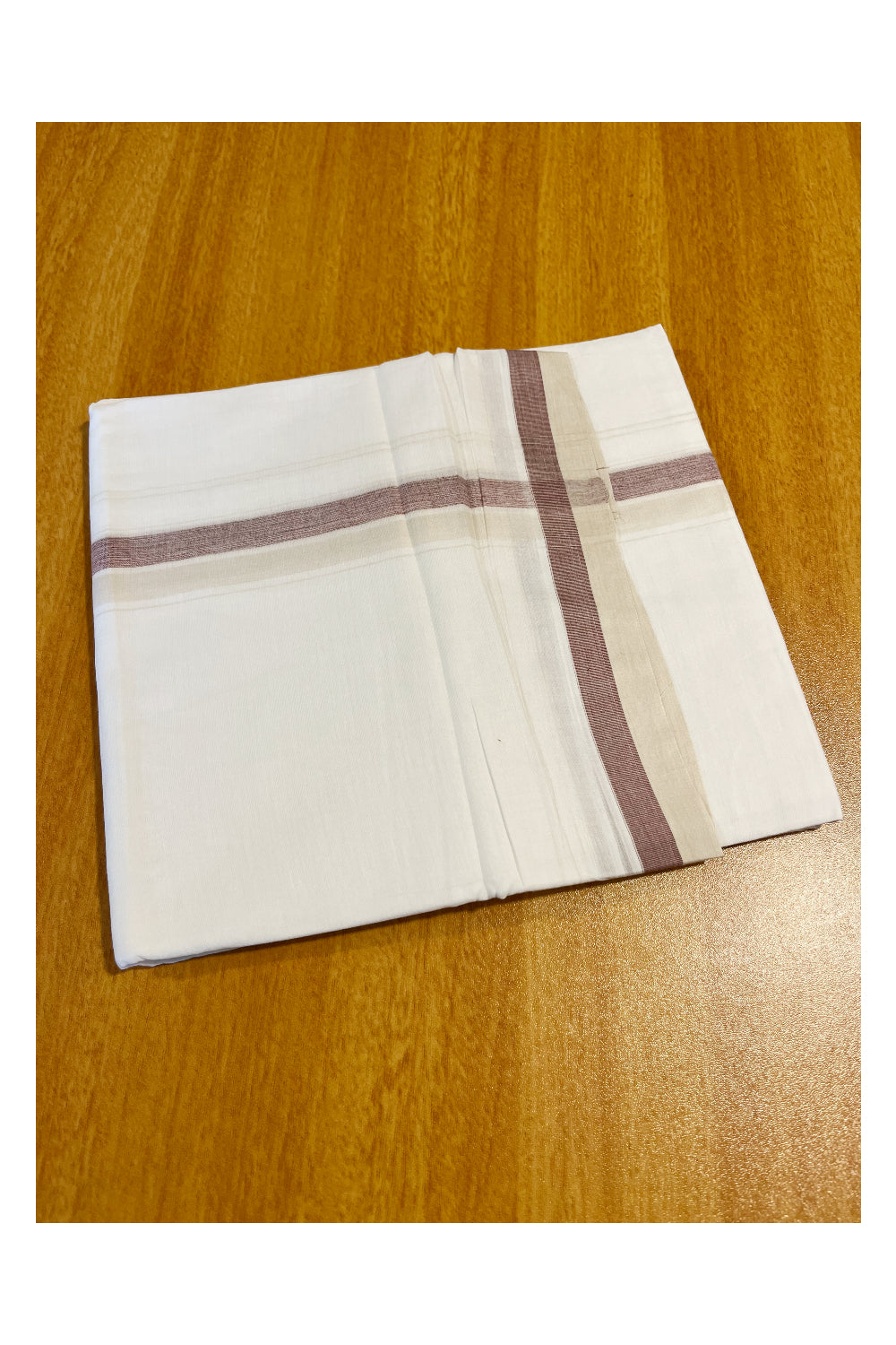 Pure White Cotton Double Mundu with Cream And Maroon Border (South Indian Dhoti)