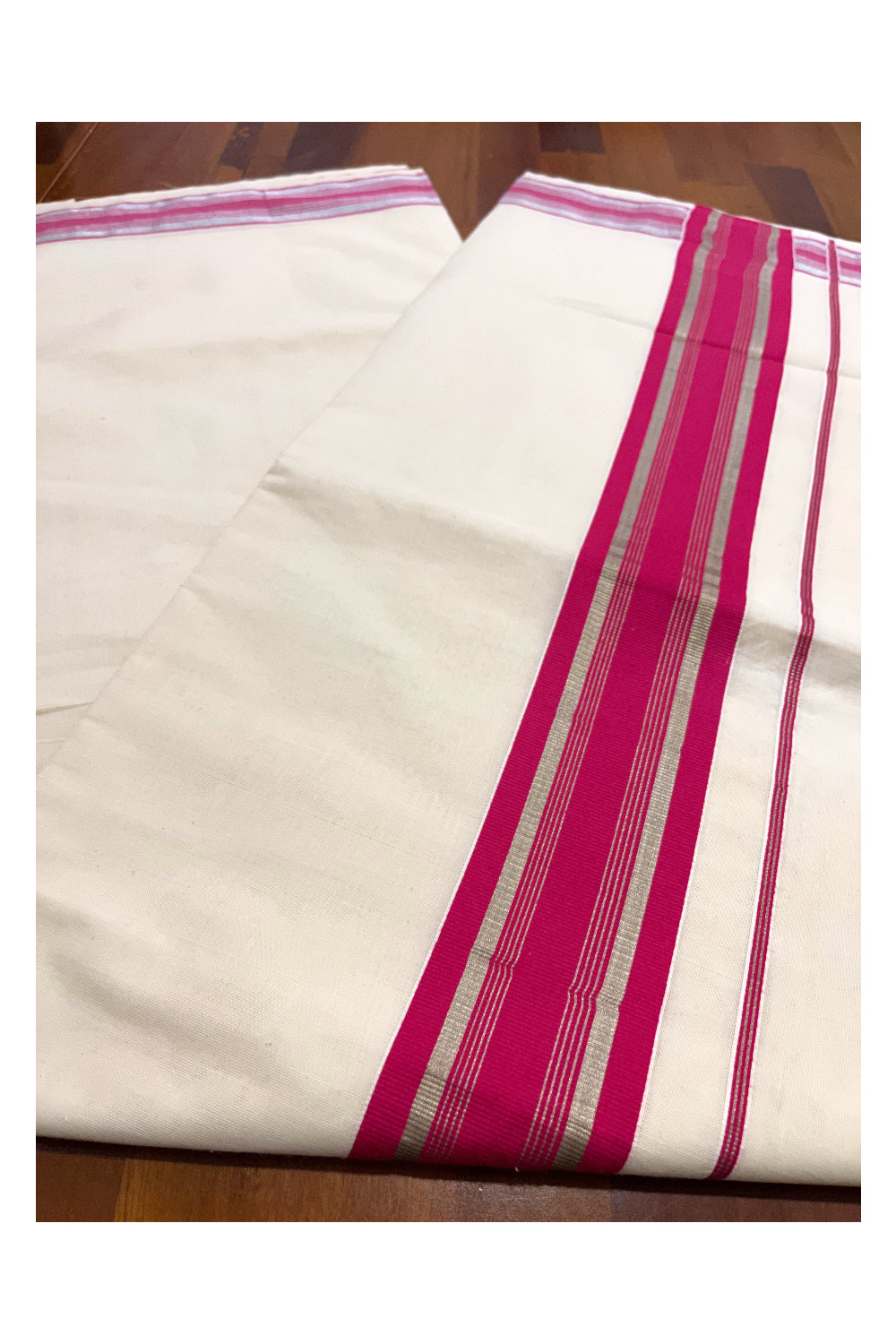 Pure Cotton Kerala Saree with Bright Magenta and Silver Kasavu Border (Onam Saree 2023)