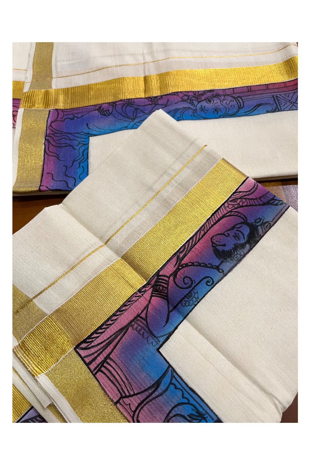 Southloom Handloom Premium Kerala Cotton Single Set Mundu (Mundum Neriyathum) with Hand Painted Designs with Kasavu Border - 2.80Mtrs