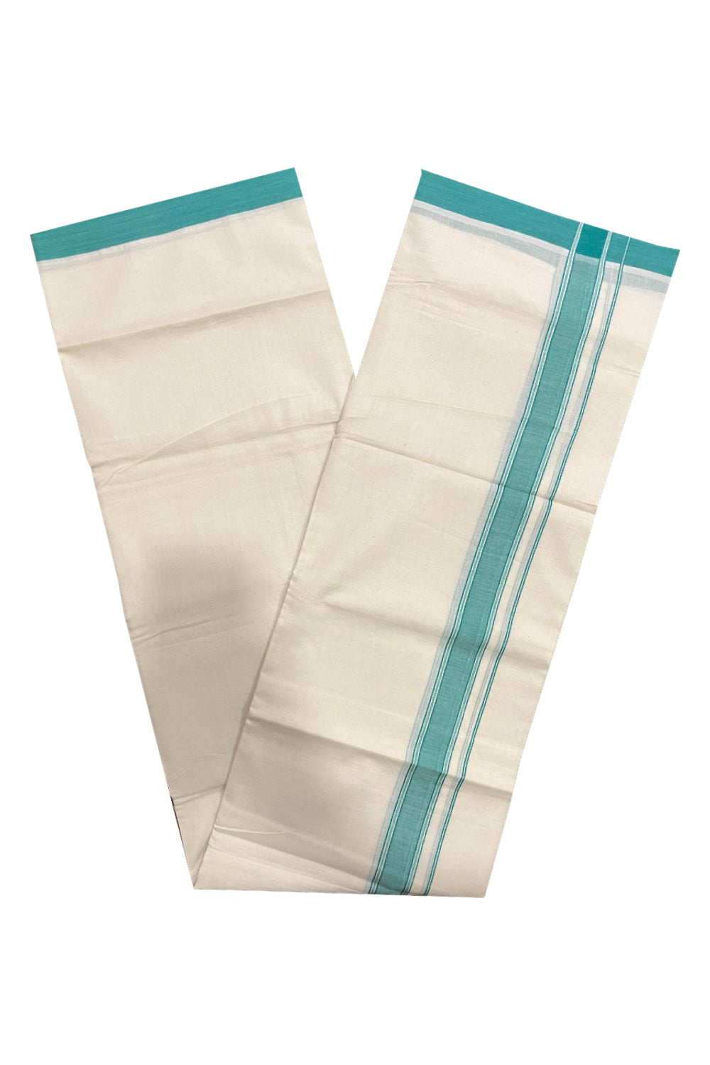 Pure Cotton Kerala Double Mundu with Turquoise Kara (South Indian Kerala Dhoti)