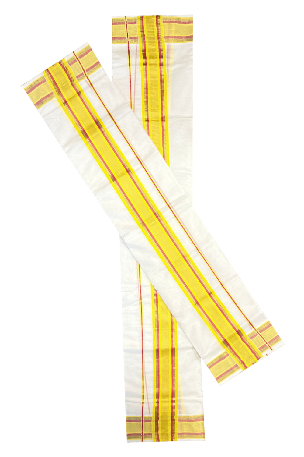 Kerala Pure Cotton Set Mundu Single (Mundum Neriyathum) with Yellow pink and Kasavu Border 2.80 Mtrs