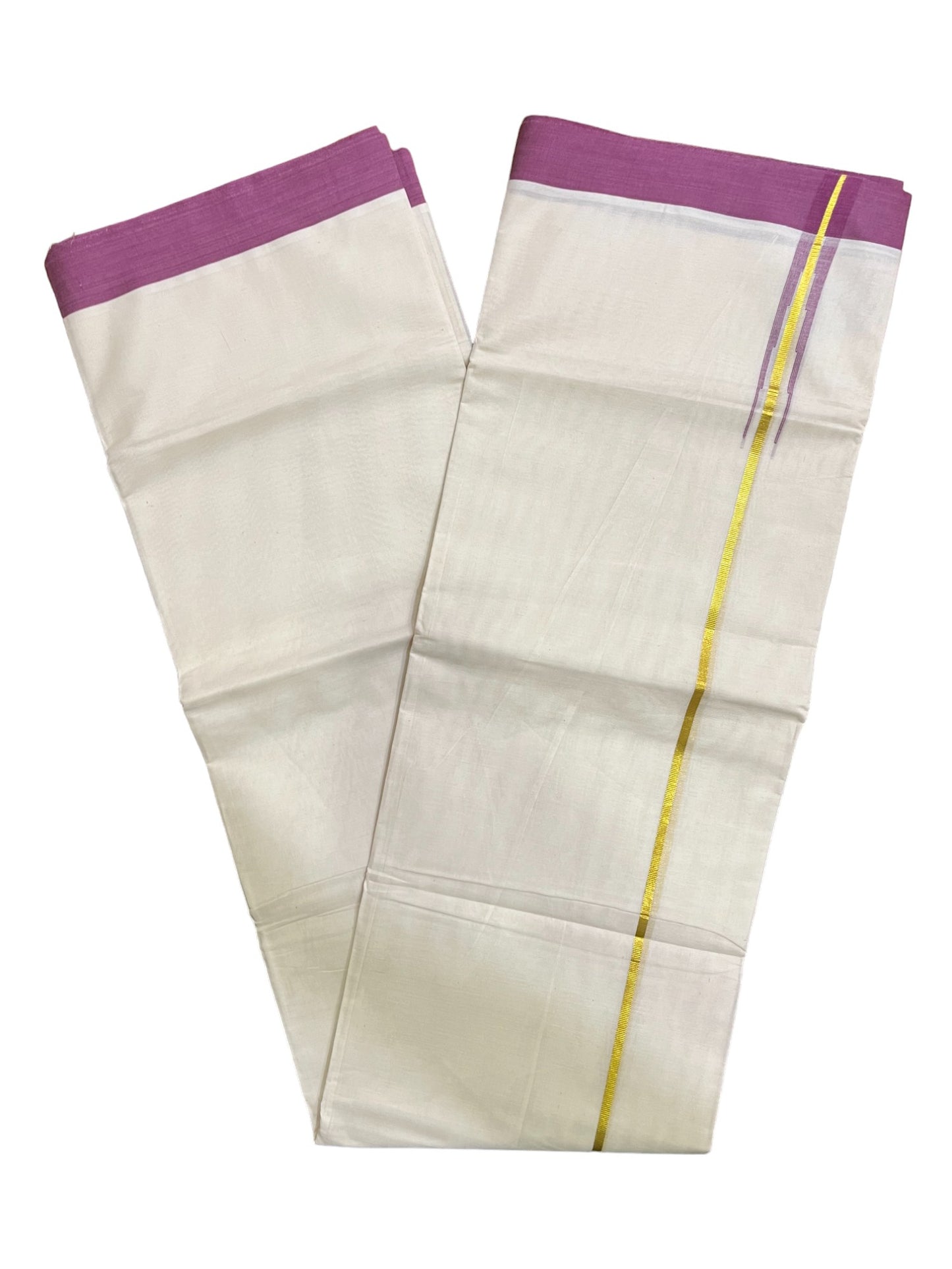 Kerala Pure Cotton Double Mundu with Kasavu Magenta Chutti Kara (South Indian Kerala Dhoti)