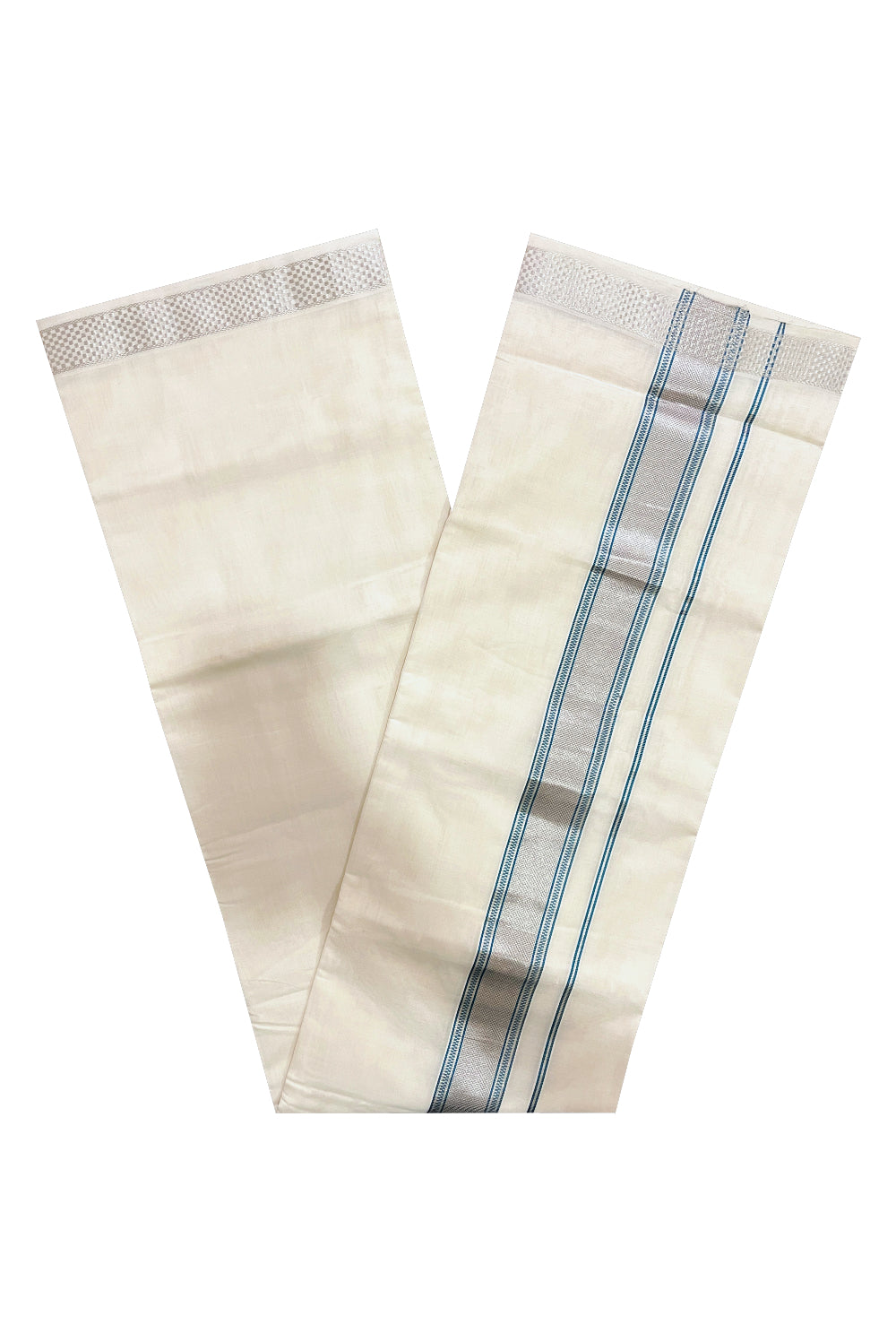 Southloom Premium Handloom Cotton Double Mundu with Green Silver Kasavu Design Border (South Indian Kerala Dhoti)