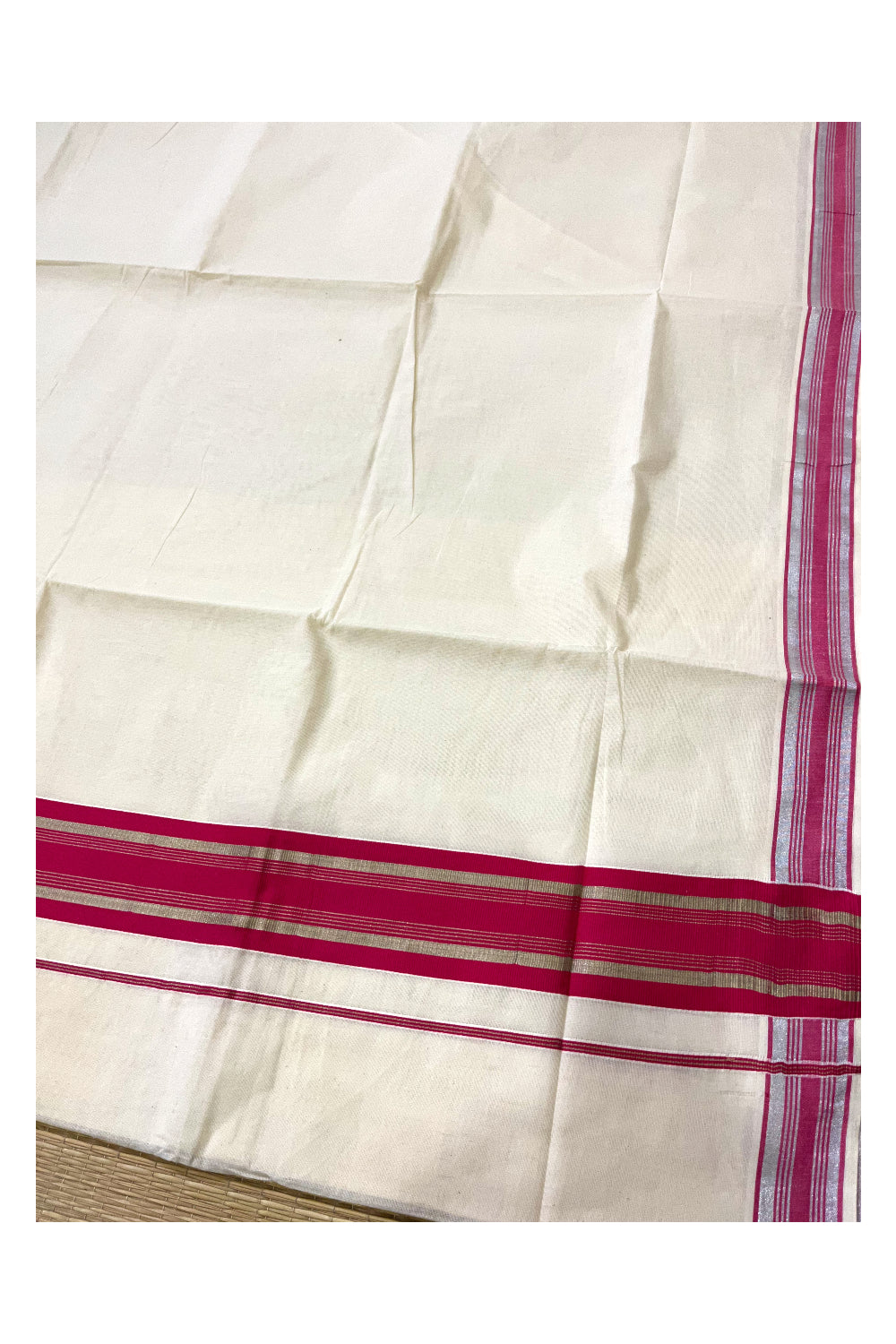 Pure Cotton Kerala Saree with Bright Magenta and Silver Kasavu Border (Onam Saree 2023)