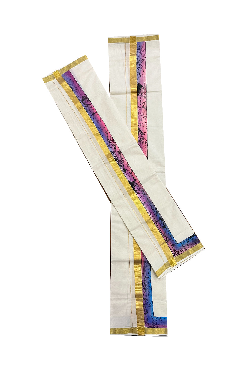 Southloom Handloom Premium Kerala Cotton Single Set Mundu (Mundum Neriyathum) with Hand Painted Designs with Kasavu Border - 2.80Mtrs