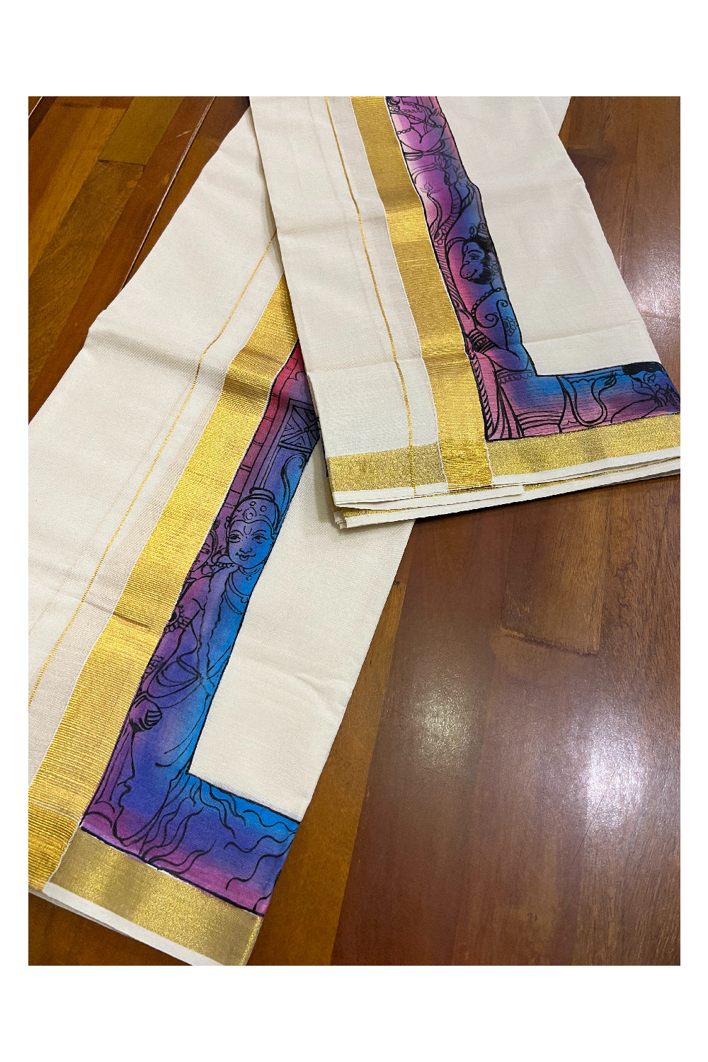 Southloom Handloom Premium Kerala Cotton Single Set Mundu (Mundum Neriyathum) with Hand Painted Designs with Kasavu Border - 2.80Mtrs