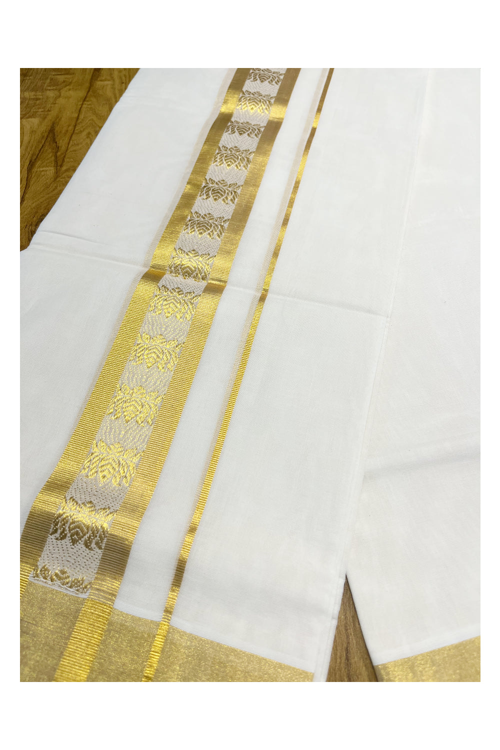 Southloom Balaramapuram Handloom Pure Cotton Wedding Mundu with Kasavu Lotus Woven Kara (South Indian Dhoti)