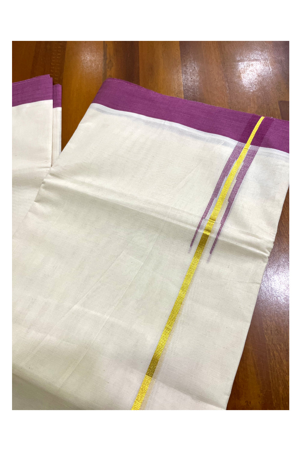 Kerala Pure Cotton Double Mundu with Kasavu Magenta Chutti Kara (South Indian Kerala Dhoti)