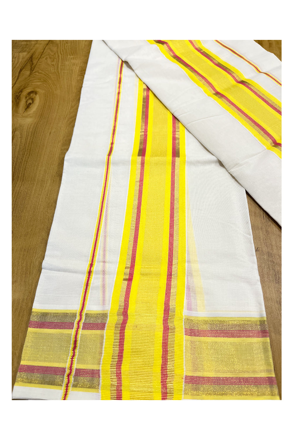 Kerala Pure Cotton Set Mundu Single (Mundum Neriyathum) with Yellow pink and Kasavu Border 2.80 Mtrs