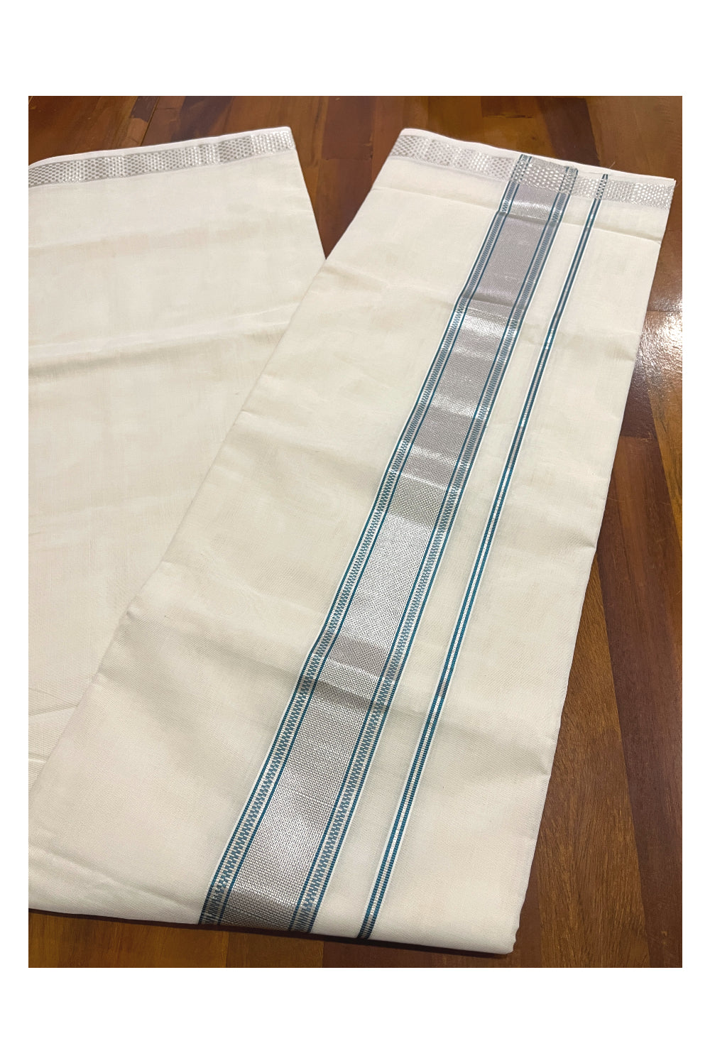 Southloom Premium Handloom Cotton Double Mundu with Green Silver Kasavu Design Border (South Indian Kerala Dhoti)