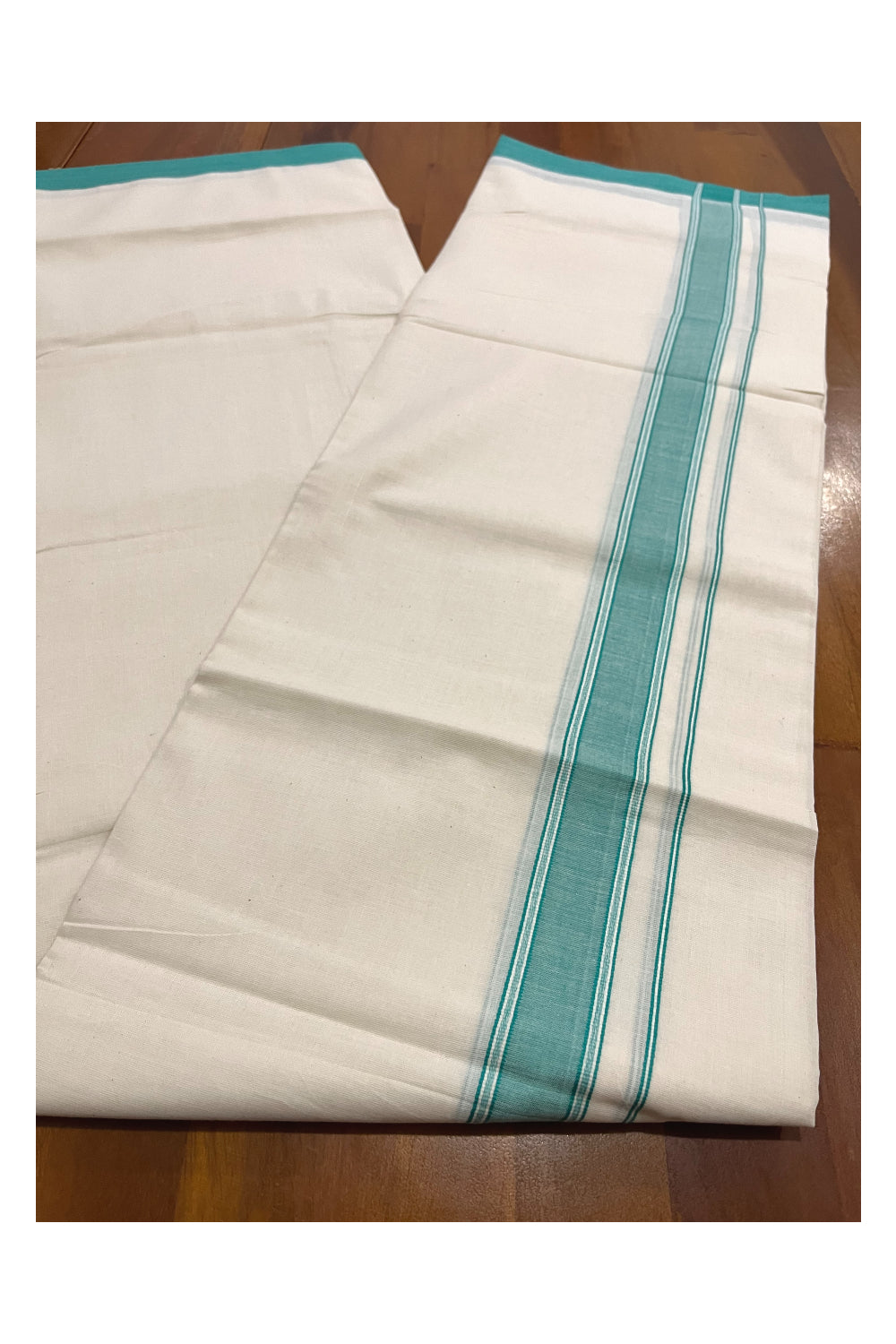 Pure Cotton Kerala Double Mundu with Turquoise Kara (South Indian Kerala Dhoti)