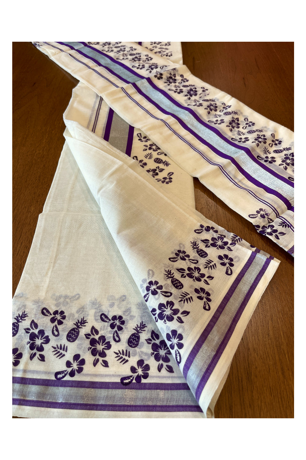 Pure Cotton Single Set Mundu (Mundum Neriyathum) with Silver Kasavu and Violet Floral Block Prints