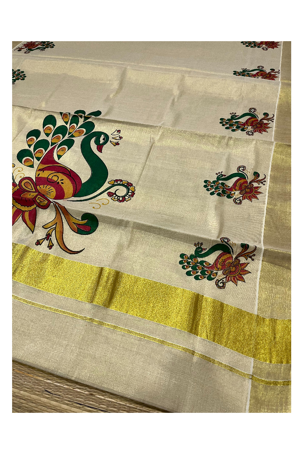 Kerala Tissue Kasavu Onam 2023 Saree With Peacock Mural Design