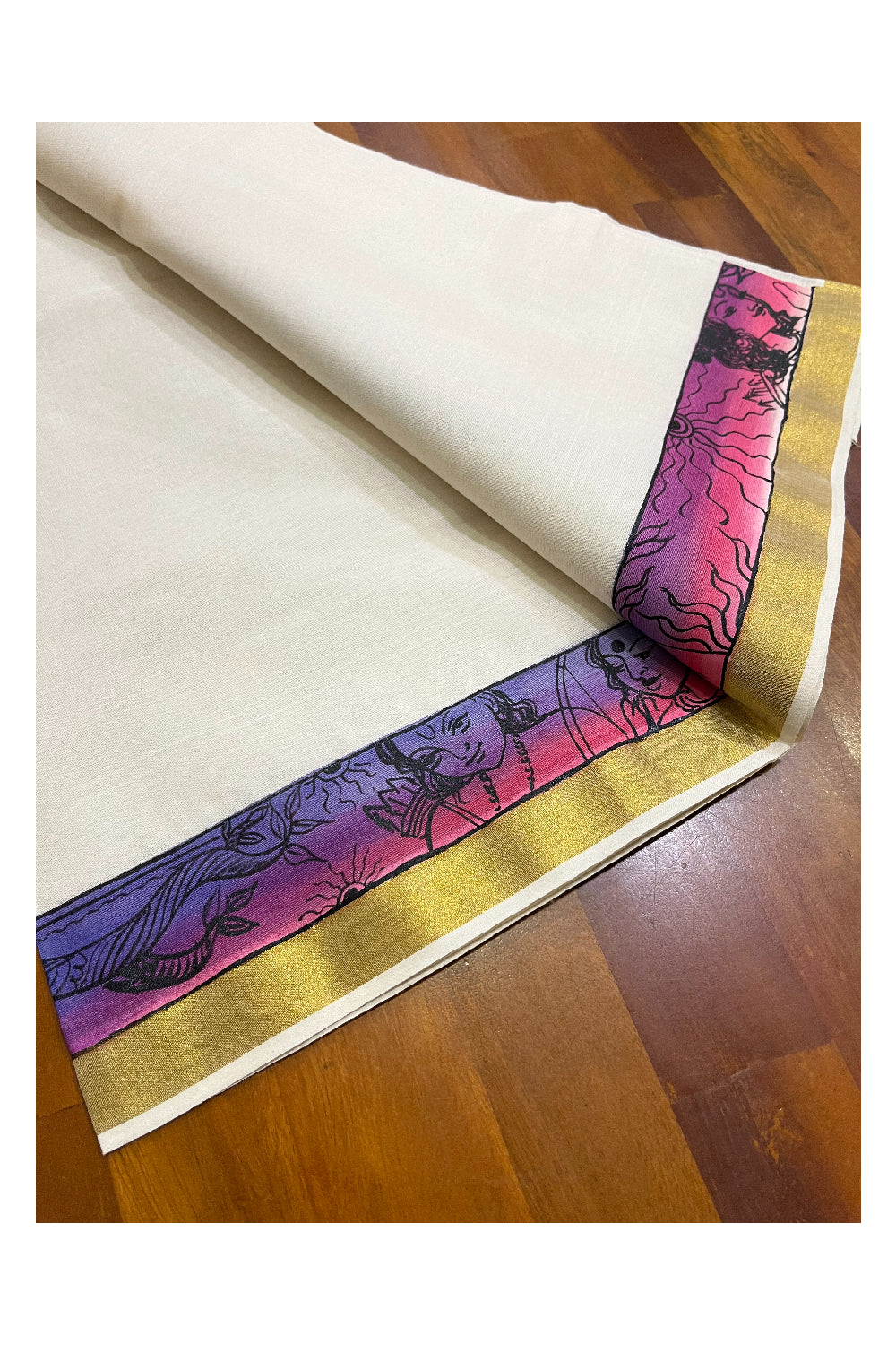 Southloom Handloom Premium Kerala Cotton Single Set Mundu (Mundum Neriyathum) with Hand Painted Designs with Kasavu Border - 2.80Mtrs