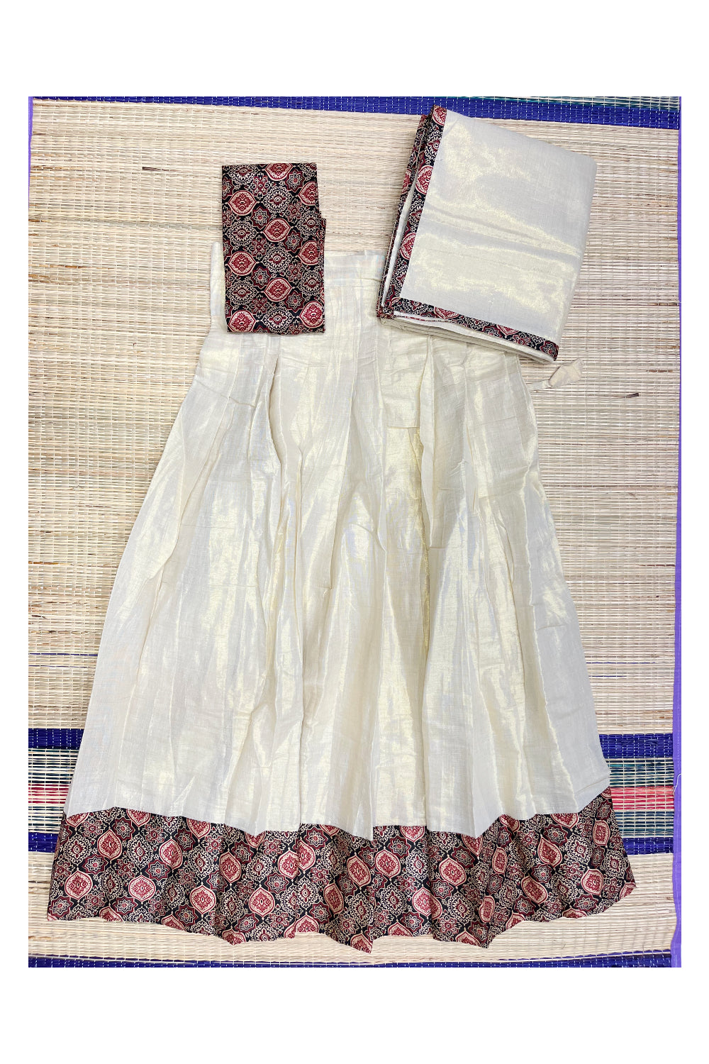 Kerala Tissue Semi Stitched Dhavani Set with Block Prints Pavada and Blouse Piece