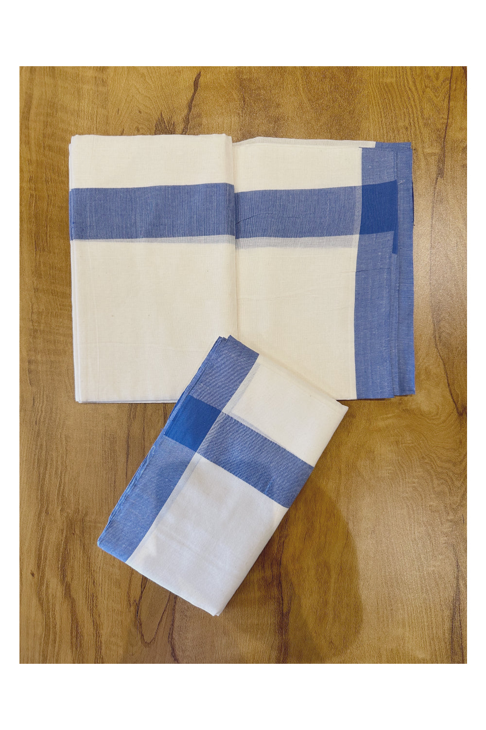 Kerala Soft Cotton Mulloth Mundum Neriyathum Single (Set Mundu) with Blue Border (Onam Set Mundu 2023)