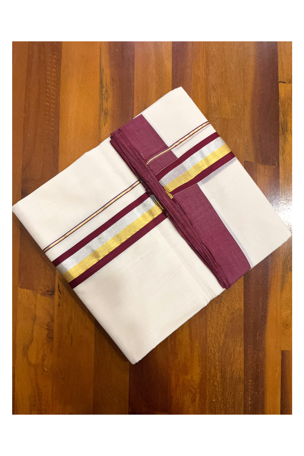 Southloom Premium Balaramapuram Unakkupaavu Handloom Mundu with Maroon Silver and Golden Kasavu Border (South Indian Dhoti)